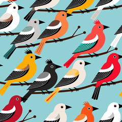 Obraz premium Colorful Bird Pattern on Branches - Whimsical Bird Illustration - Vibrant Bird Design - Bird Lovers Artwork - Seamless Bird Background