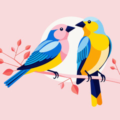Colorful Birds on a Branch Illustration-Cute Bird Couple Art-Whimsical Bird Design-Pastel Colors-Nature Inspired Artwork-Bird Lovers Gift-Unique Bird Illustration