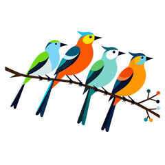 Colorful Birds on a Branch-Vector Illustration of Cute Birds-Unique Bird Designs-Perfect for Children's Decor- Whimsical Bird Art for Crafts and Gifts_
