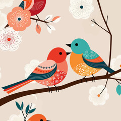 Obraz premium Colorful Birds on Branch Artwork- Whimsical Bird Illustration with Floral Background- Decorative Birds Art Print for Home Decor-Charming Bird Art for Nursery