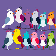 Obraz premium Colorful Cartoon Birds Illustration-Cute Bird Clipart for Kids-Vibrant Bird Characters-Cartoon Birds on Purple Background-Adorable Bird Graphics for Projects