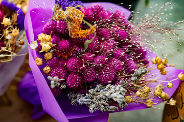 dried flower bouquets in a basket