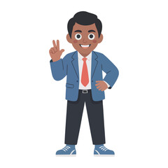 Cartoon businessman in suit smiling and making a peace sign gesture with hand