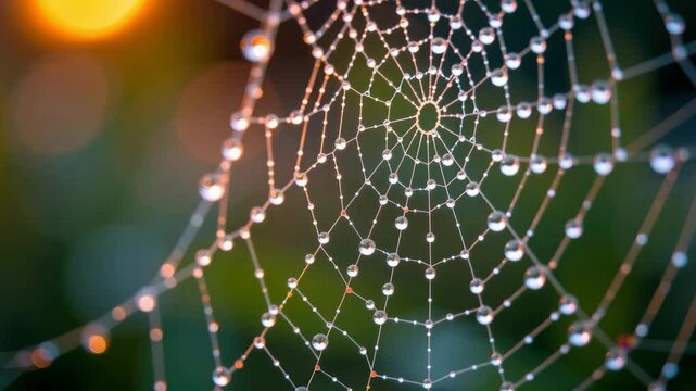A close-up of a spider web with dewdrops glistening in the morning light against a blurred natural background.
