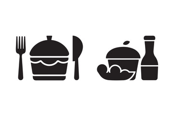 Silhouette Icons of Meal with Cutlery and Food with Drink Vector Art Set