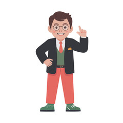Cheerful cartoon businessman with glasses pointing upward indicating an idea