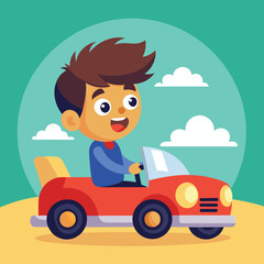 little boy playing with toy car, boy with car, vector Illustration of kid pushing car