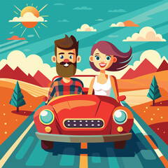 couple on the car,  Young trendy happy hipster couple in love having trip along country road by red cabriolet