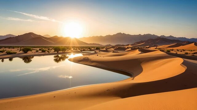 Scenic desert landscape with sand dunes, mountains and water reflection at sunrise in a serene environment - Powered by Adobe