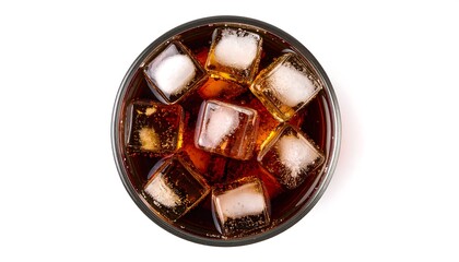 Cola with ice cubes in glass top view isolated on white background, clipping path included.bubble, cool, glasses, liquid, pop, refreshment, soft, thirst, up, fizzy, ice, soda, caffeine, coke, cola,