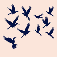 Obraz premium Flying Birds Silhouette-Dark Birds Soaring in the Sky-Minimalist Bird Art-Illustration of Birds in Flight-Nature Inspired Design-Elegant Avian Imagery