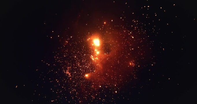 Aerial drone footage capturing a volcano erupting at night, showering the dark sky with incandescent lava and lapilli, creating a dramatic fiery glow. Amazing nature travel background