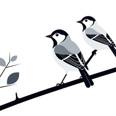 Two Cute Birds Perched on a Branch - Minimalist Bird Illustration - Black and White Bird Art - Serene Wildlife Scene - Elegant Bird Design for Home Decor
