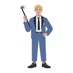 Smiling businessman in blue suit holding a staff with a green orb illustration