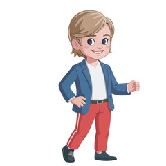 Smiling cartoon boy wearing a blue blazer and red pants standing confidently on a white background.