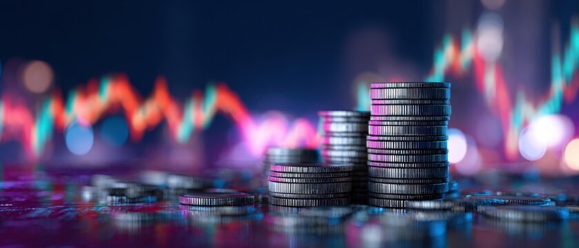 The stacked coins against a vibrant financial market background.
