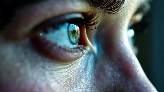 Close-up of young woman's eyes, beautiful blue eye with long eyelashes looking ahead