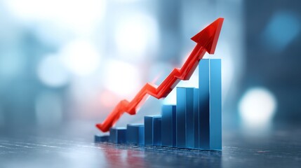 Growth in Business Represented by a Blue 3D Graph and a Red Arrow Indicating a Rise in Profits on a Financial Background