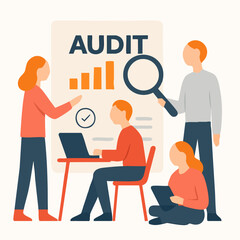 Flat Illustration of Team Discussing Audit Process and Analyzing Data