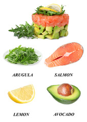 Dish with salmon and other ingredients on white background, collage