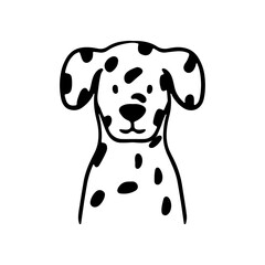 Adorable Dalmatian dog in doodle style. Simple, hand-drawn spotted puppy face. Design element for pet lovers, kids apparel, stickers.. Black and white vector graphic.