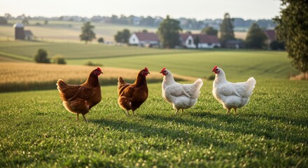 Fototapeta premium Farm Fresh Hens in Idyllic Countryside 2025-05-19 - Four hens, two brown and two white, freely roam a vibrant green pasture. Symbolising: rural life, fresh produce, natural farming, peaceful serenity