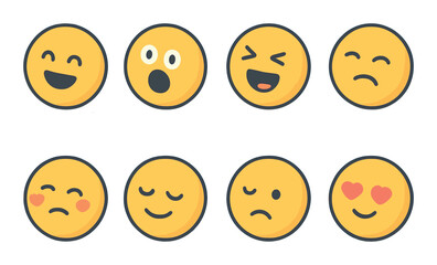 Emoji expressions icons set – flat, emotive and facial reaction symbols for messages