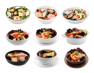 Tasty dishes with sea food isolated on white, set