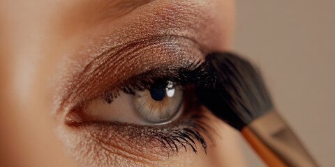The close-up application of makeup on a beautiful model's eye.