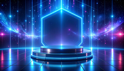 Cyberpunk Stage: A futuristic, neon-lit stage with a hexagonal frame and a metallic platform, perfect for showcasing products or presentations in a vibrant, otherworldly setting.