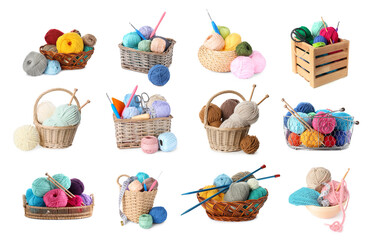 Knitting yarns and needles isolated on white, set