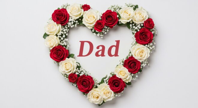 Floral Heart Dad's Day Design - A heart-shaped arrangement of red and white roses symbolizes love, appreciation, family, and Father's Day. A heartfelt tribute for a special dad