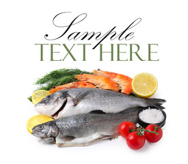 Fresh sea food and products on white background. Design with space for text