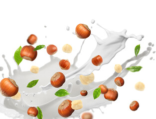 Nut milk splash with hazelnuts and green leaves in air on white background