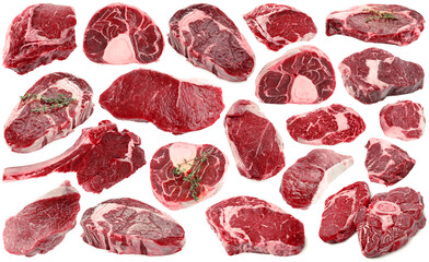 Pieces of raw beef meat isolated on white, collage