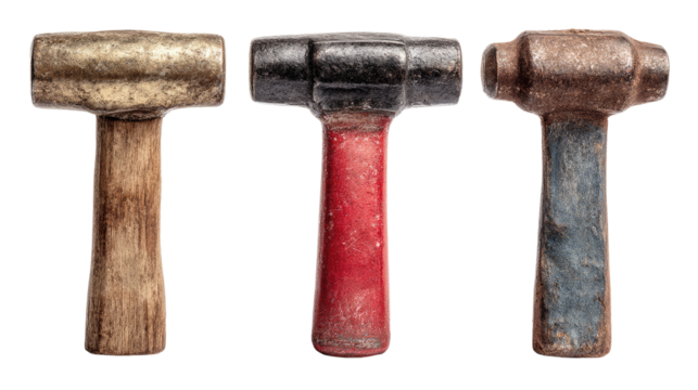 Three Vintage Hammers with Wooden Handles on White