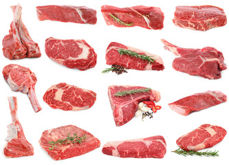 Pieces of raw beef meat and spices isolated on white, collage