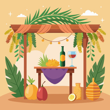 sukkot celebration scene with food and wine clip art preview
