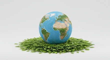 Global Green Future: Earth on Grass - A 3D of planet Earth nestled in vibrant green grass, symbolizing environmental protection, sustainability, growth, harmony, and renewal