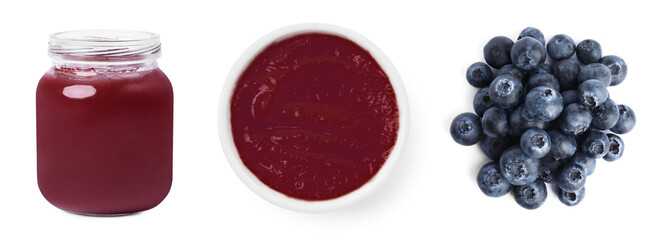 Baby food. Blueberry puree and fresh berries on white background, collage