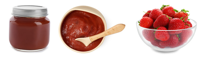 Baby food. Strawberry puree and fresh fruits on white background, collage