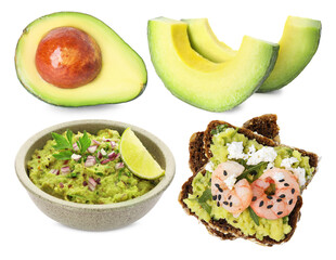 Fresh avocado, guacamole and sandwich isolated on white, collage