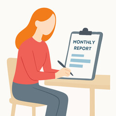 Flat Illustration Woman Writing Monthly Report on Clipboard at Desk