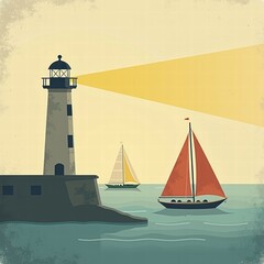 A lighthouse stands on a rocky coast at sunset, overlooking calm waters with two sailboats gliding peacefully under a warm, golden sky. Generative, AI,