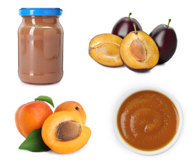 Baby food. Puree and fresh ingredients on white background, collage
