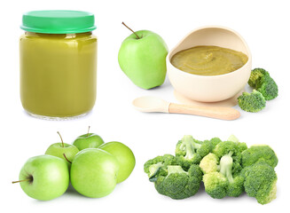 Baby food. Puree and fresh ingredients on white background, collage