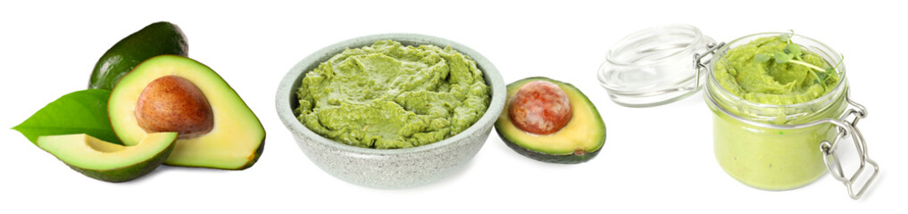 Fresh avocados and guacamole isolated on white, collage