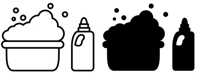 Washbasin vector icon with soap bubbles and liquid detergent or cleaner bottle. Suitable for hygiene, washing, household cleaning, laundry care or cleaning products concept illustration.