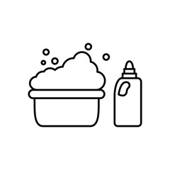 Washbasin vector icon with soap bubbles and liquid detergent or cleaner bottle. Suitable for hygiene, washing, household cleaning, laundry care or cleaning products concept illustration.