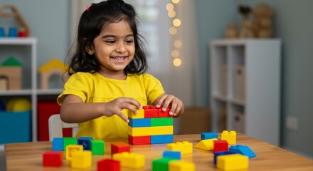 Happy Child Playing with Colorful Blocks 2025-05-17 - A young girl joyfully builds with colorful blocks, symbolizing creativity, learning, development, imagination, and play